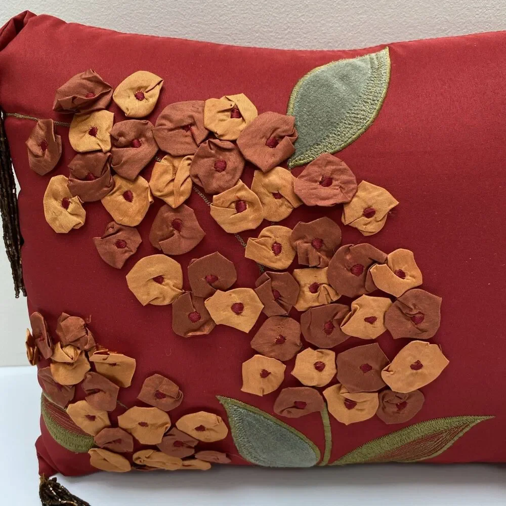 Pier 1 Boho Pillow Red Satin Ribbon Appliqué Floral Embroidered Beaded tassels